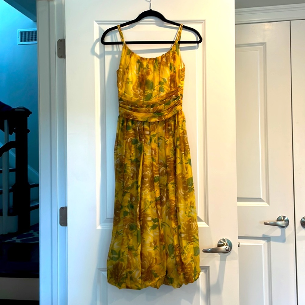Vintage (1940s-60s) Dress.  Sunflower yellow, gold dahlias print. Joan Barrie NY